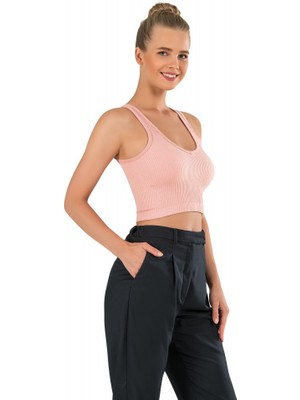 Modanty Kadın Modal Crop Top Büstiyer Pembe Toparlayıcı Seamless Dikişsiz Örme Kalın Askılı Basic