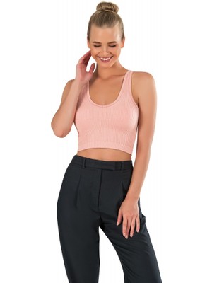 Modanty Kadın Modal Crop Top Büstiyer Pembe Toparlayıcı Seamless Dikişsiz Örme Kalın Askılı Basic