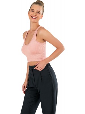 Modanty Kadın Modal Crop Top Büstiyer Pembe Toparlayıcı Seamless Dikişsiz Örme Kalın Askılı Basic