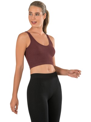 Modanty Kadın Modal Crop Top Büstiyer Bordo Toparlayıcı Seamless Dikişsiz Örme Kalın Askılı Basic