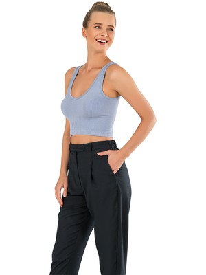 Modanty Kadın Modal Crop Top Büstiyer Mavi Toparlayıcı Seamless Dikişsiz Örme Kalın Askılı Basic