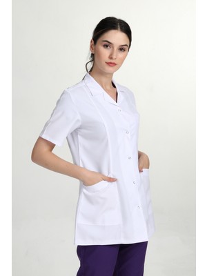 Başak Önlük Kadın Kısakol Gömlek Yaka Doktor Hemşire Öğretmen Önlüğü Beyaz GZY-1401