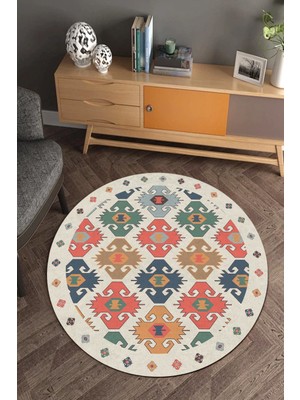 Cappio Halı  Geleneksel Kilim Desenli Krem Yuvarlak Halı (Makinede Yıkanabilir)