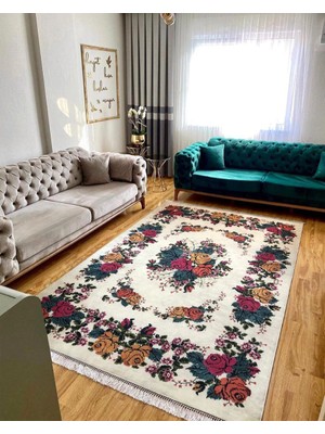 STY Home Çiçek Halısı Kaymaz Tabanlı Yıkanabilir Halı Kilim Yolluk Yeşil