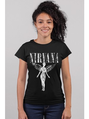 Rock&Roll Melek Nirvana Siyah Kısa Kollu Kadın T-Shirt