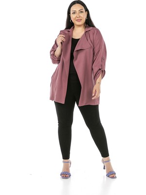 Disentis Modest Büyük Beden Mono Yaka Kendinden Kuşaklı Yandan Cepli Katlamalı Düşük Kollu Gül Kurusu Ceket