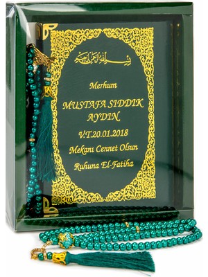 İhvan Online 50 Adet - Isim Baskılı Ciltli Yasin Kitabı - Çanta Boy - 128 Sayfa - Kutulu - Vavlı Inci Tesbih - Yeşil Renk - Hediyelik Set