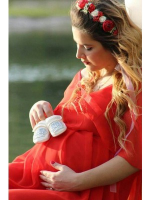 Moda Labio Babyshower Melek Kol Kırmızı Hamile Elbisesi