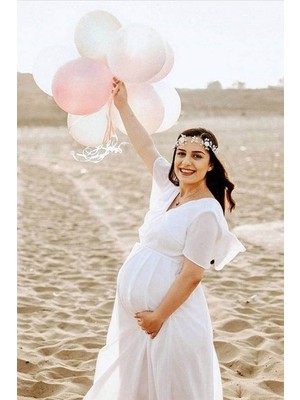 Moda Labio Babyshower Melek Kol Beyaz Hamile Elbisesi