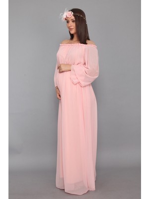 Moda Labio Babyshower Dökümlü Pudra Hamile Elbisesi