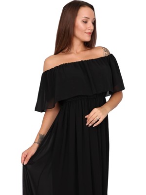 Moda Labio Babyshower Şifon Düşük Omuz Siyah Hamile Elbisesi