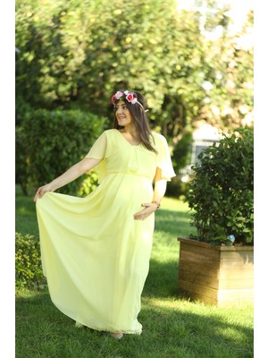 Moda Labio Babyshower Melek Kol Sarı Hamile Elbisesi