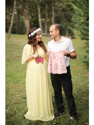 Moda Labio Babyshower Melek Kol Sarı Hamile Elbisesi