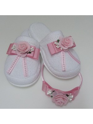 Azebu    Büyük Güllü Lohusa Tacı ve Terliği Set Pembe