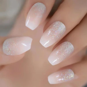 Eda Luxury Beauty Natürel Pembe Beyaz Simli French Takma Tırnak Lüks Desenli Doğal Uzun Kare Ballerina Nail Art Set