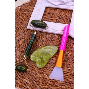 Mujgan 3'lü Cilt Bakım Seti Yeşim Taşı + Gua Sha Masaj Taşı + Maske Sürme Aparatı Beyaz