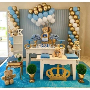 BAL10 DÜNYASI  100 Adet 12 Inç Gold Beyaz Mavi Balon + 5 mt Balon Zinciri Konsept Doğum Günü