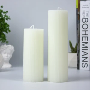 Oluklu Silindir 2'li Mum Seti 15 Cm-20 cm Krem