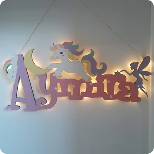 Deniz Tasarım Işıklı Unicorn & Ay & Peri Kızı Temalı Kapı ve Duvar Süsü