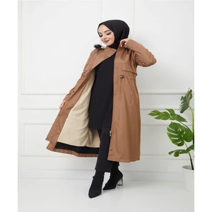 Water Prof Kadın Kışlık Mont Taba Renk Su ve Rüzgar Geçirmez İç Kürklü Uzun