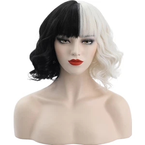 SW Future Cruella Peruk Cruella De Vil Emma Stone Bayan Spot Kısa Siyah Beyaz Kıvırcık Peruk (Yurt Dışından)