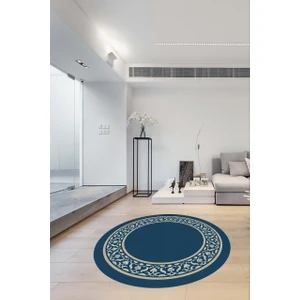 Cappio Halı Lacivert Kenarı Çiçek Motifli Yuvarlak Halı (Makinede Yıkanabilir)