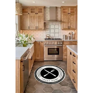 Cappio Halı  Siyah Beyaz Home Sweet Home Yazılı Yuvarlak Halı (Makinede Yıkanabilir)