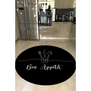 Cappio Halı  Siyah Bon Appetit Yazılı Yuvarlak Mutfak Halısı (Makinede Yıkanabilir)