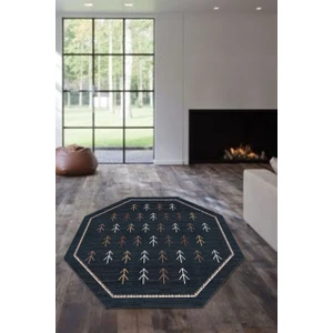Cappio Halı  Kilim Desenli Siyah Sekizgen Makinada Yıkanabilir Yuvarlak Halı (Makinede Yıkanabilir)