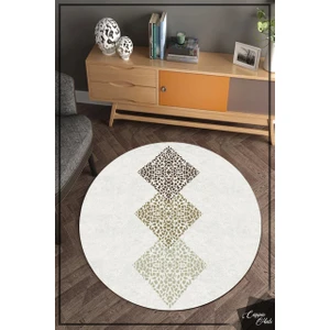 Cappio Halı  Kare Taş Desenli Beyaz Yuvarlak Halı (Makinede Yıkanabilir)