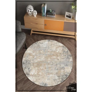 Cappio Halı Gri-Krem Eskitme Desenli Yuvarlak Halı (Makinede Yıkanabilir)