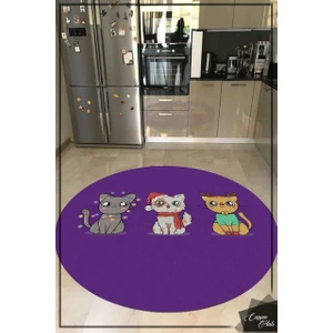 Cappio Halı Sevimli Kedi Desenli Mor Yuvarlak Mutfak Halısı (Makinede Yıkanabilir)