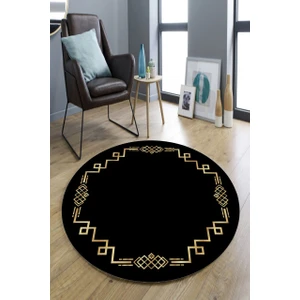 Cappio Halı Gold Çerçevesi Motifli Siyah Yuvarlak Halı (Makinede Yıkanabilir)