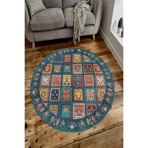 Cappio Halı  Mavi Afgan Desenli Yuvarlak Halı (Makinede Yıkanabilir)