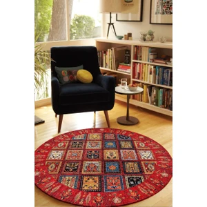 Cappio Halı  Kırmızı Afgan Desenli Yuvarlak Halı (Makinede Yıkanabilir)