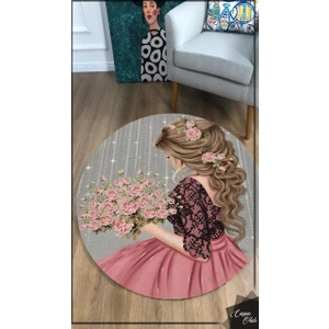 Cappio Halı  Kız Desenli Yuvarlak Çocuk Odası Halısı (Makinede Yıkanabilir)