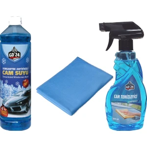 Cam Temizleme Spreyi ve Antifrizli Cam Suyu ve Cam Bezi Set