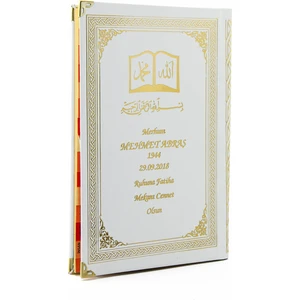 İhvan Online 50 Adet - Isim Baskılı Ciltli Yasin Kitabı - Osmanlı Desenli - Orta Boy - 176 Sayfa - Beyaz Renk - Dini Hediyelik