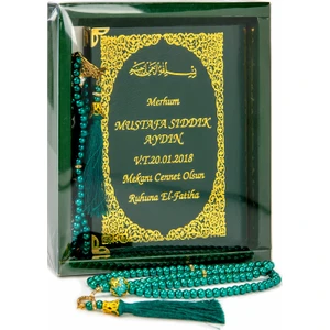 İhvan Online 50 Adet - Isim Baskılı Ciltli Yasin Kitabı - Çanta Boy - 128 Sayfa - Kutulu - Vavlı Inci Tesbih - Yeşil Renk - Hediyelik Set