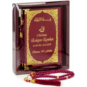 İhvan Online 50 Adet - Isim Baskılı Ciltli Yasin Kitabı - Çanta Boy - 128 Sayfa - Kutulu - Vavlı Inci Tesbih - Bordo Renk - Hediyelik Set