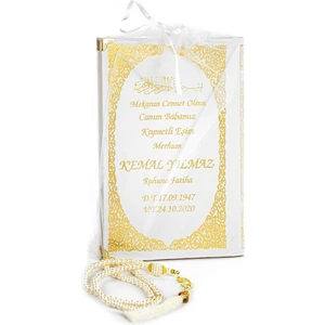 İhvan Online 50 Adet - Isim Baskılı Ciltli Yasin Kitabı - Orta Boy - Inci Tesbihli - Tül Keseli - Beyaz Renk