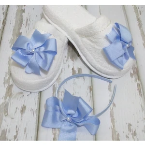 Inci Fiyonklu Lohusa Terlik ve Taç Seti Mavi