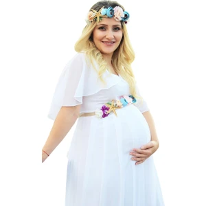 Moda Labio Babyshower Melek Kol Beyaz Hamile Elbisesi