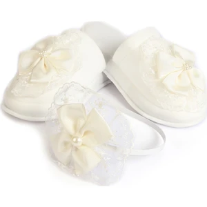 Güpürlü Lohusa Kadife Terlik ve Tacı Krem Boncuklu