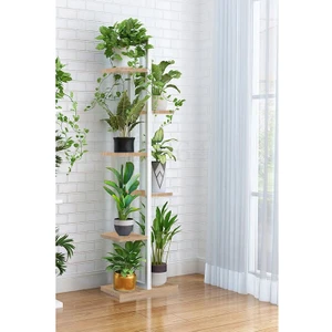 Boss Group Beyaz Metal Çerçeveli, 6 Bölmeli Ahşap Raflı Modern Çiçeklik – Ev ve Ofis Dekorasyonu İçin Şık Tasarım