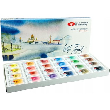 White Nights Artists' Grade Watercolors Set of 48 Full Pans with Squirrel Brush in A Blue Birch Box by Nevskaya Palitra