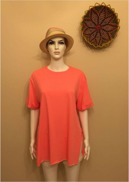 Pamuk Penye Kumaş Duble Kol Asimetrik Pembe Tunik