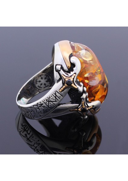 Gümüş Baltık Kehribar Taşlı Kelime-I Tevhid Işlemeli Kılıç Model Erkek Yüzük fiyatları