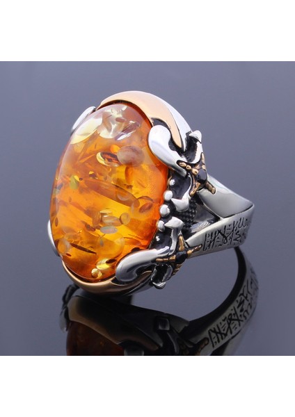 Gümüş Baltık Kehribar Taşlı Kelime-I Tevhid Işlemeli Kılıç Model Erkek Yüzük modelleri