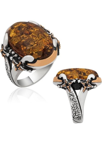 Gümüş Baltık Kehribar Taşlı Kelime-I Tevhid Işlemeli Kılıç Model Erkek Yüzük fırsatları